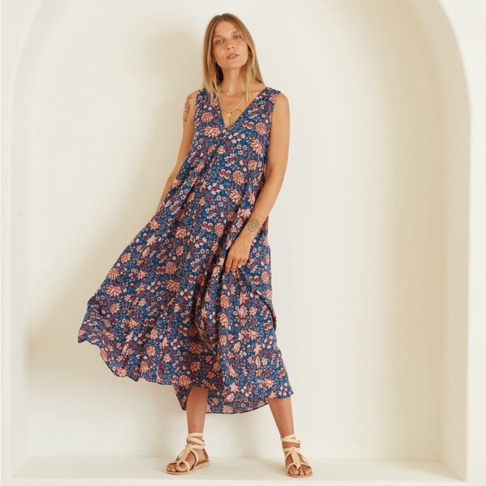 Natalie Martin Blue Floral Dahlia Indigo Maxi Dress Small